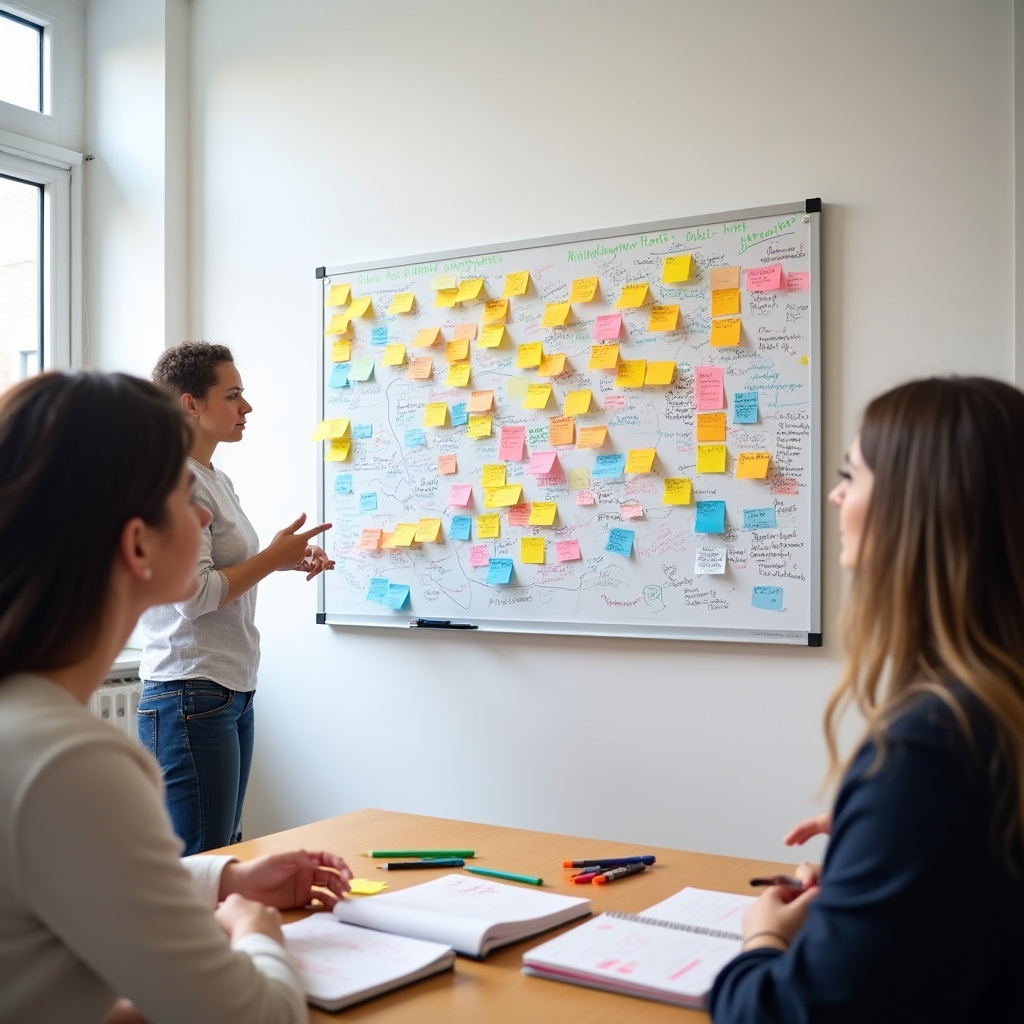 Lavagna con mappa concettuale di brand voice, pennarelli colorati e post-it in sala workshop luminosa