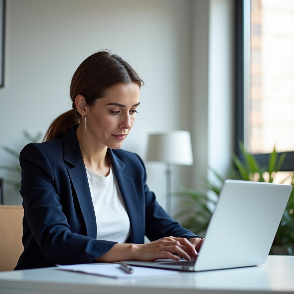 Persona che scrive un'email su laptop in ufficio moderno con luce naturale laterale