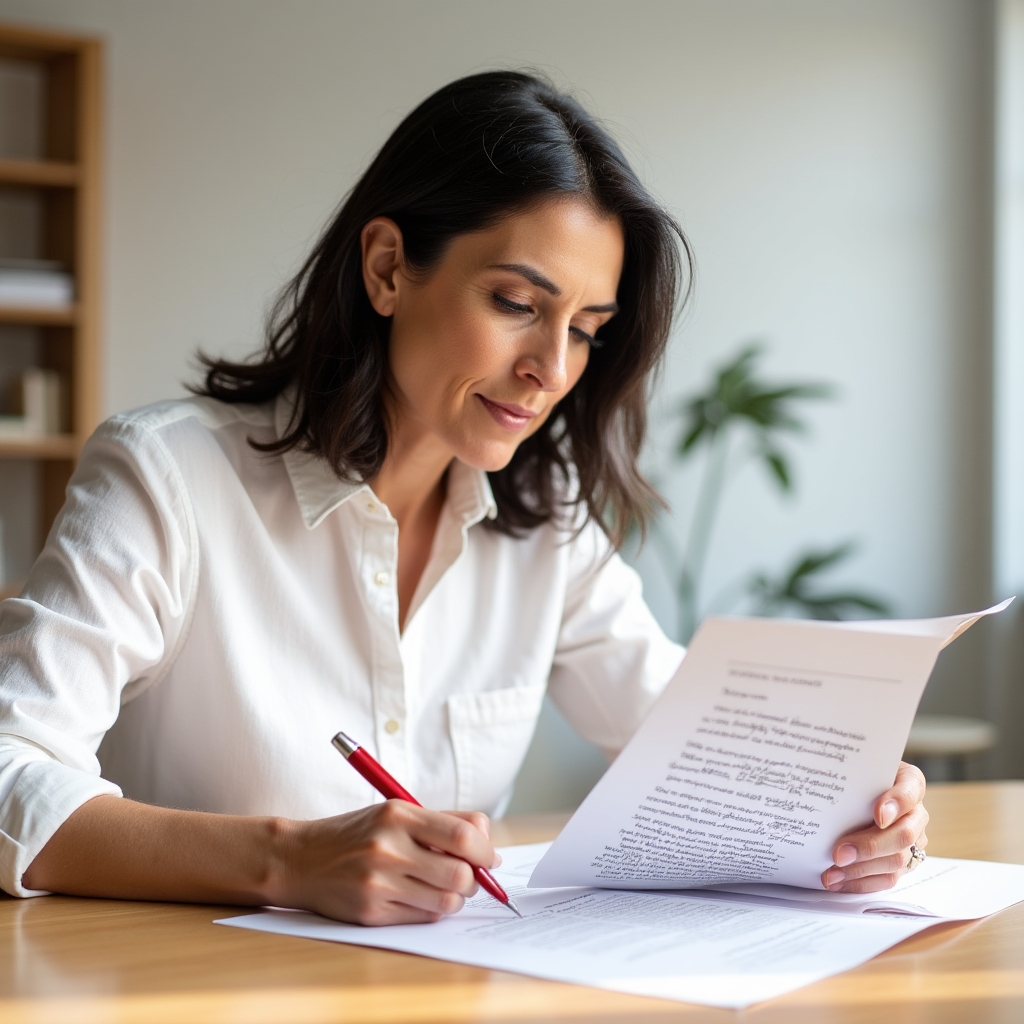 Istruttrice che annota feedback su un testo stampato durante una sessione di revisione