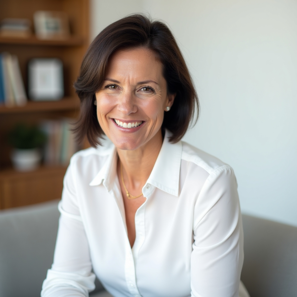 Istruttrice di copywriting, donna di mezza età con capelli scuri, camicia bianca, sorriso professionale, sfondo chiaro