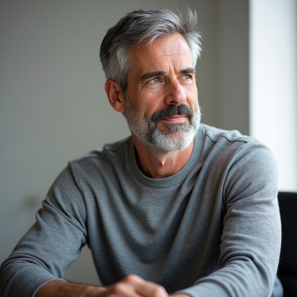 Istruttore di scrittura creativa, uomo di mezza età con barba corta, maglione grigio, espressione attenta e riflessiva