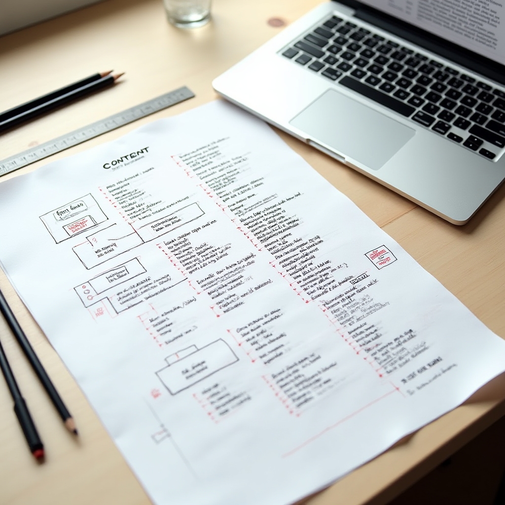 Scrivania con schema di contenuto long-form su carta grande, penne e laptop aperto sullo sfondo