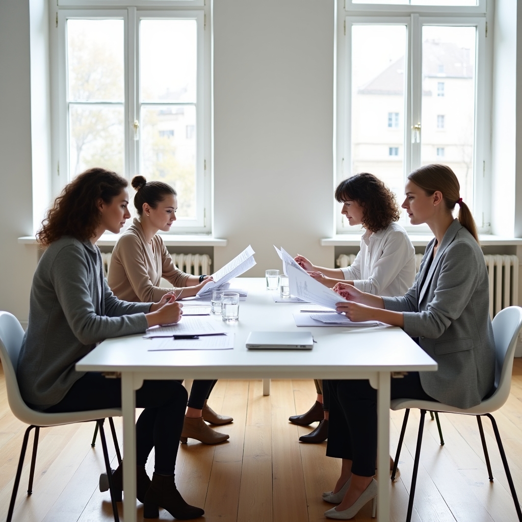 Gruppo di partecipanti che discutono testi durante una sessione di peer review in aula luminosa