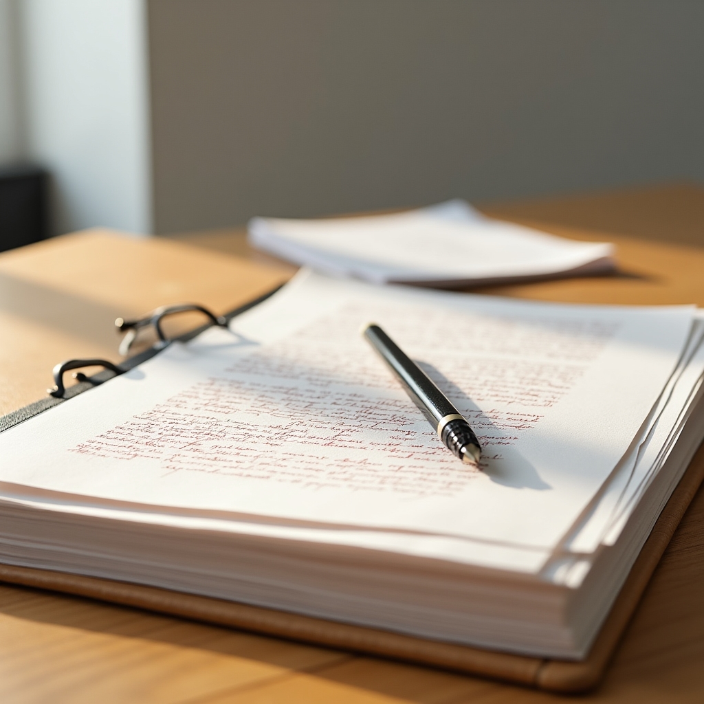 Cartella portfolio aperta su scrivania con fogli stampati e annotazioni a mano in matita rossa