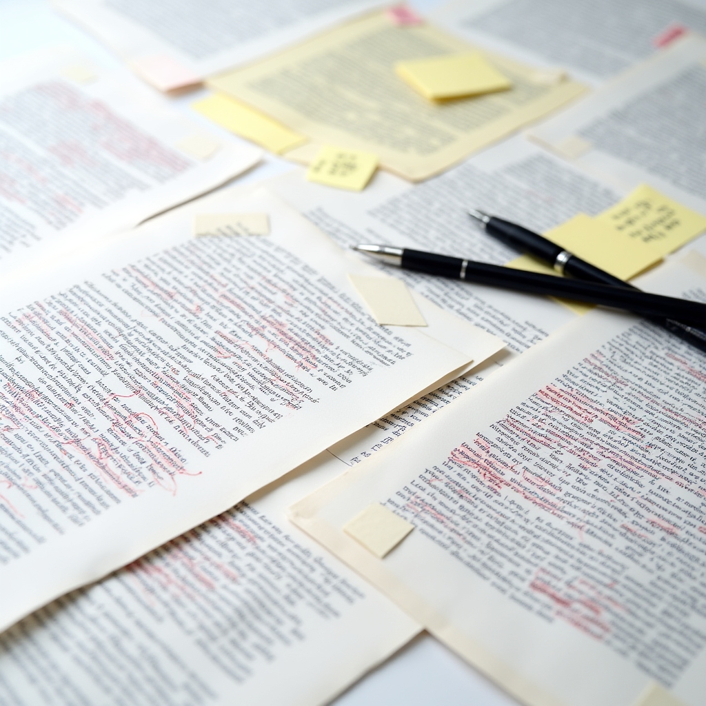 Campioni di scrittura revisionati con annotazioni colorate su fogli bianchi ordinati