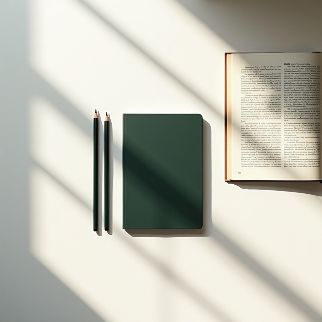 Scrivania moderna con notebook e matite su superficie luminosa