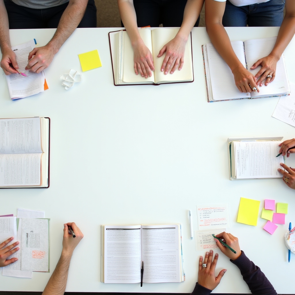 Vista dall'alto di un tavolo di workshop con testi, matite e note su fogli bianchi